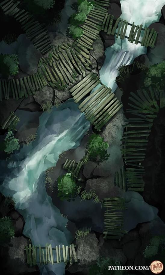 Dangerous Crossing Battle Map by Domille's Wondrous Works. It features several rickety wooden bridges crossing a river over a deep ravine. 