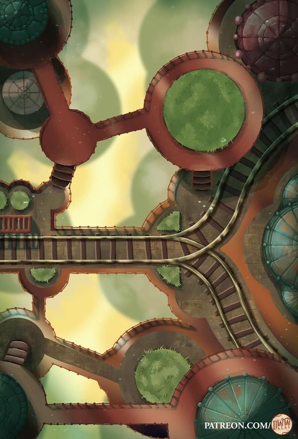 Floating Steampunk City Street by Domille's Wondrous Works. It features a series of train tracks and walkways with the ground far below. 