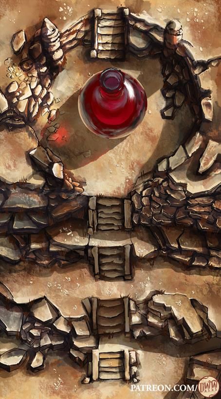 JPotion of the Gods Battle Map Battle Map by Domille's Wondrous Works. It features a giant red potion sitting at the top of stone steps. 