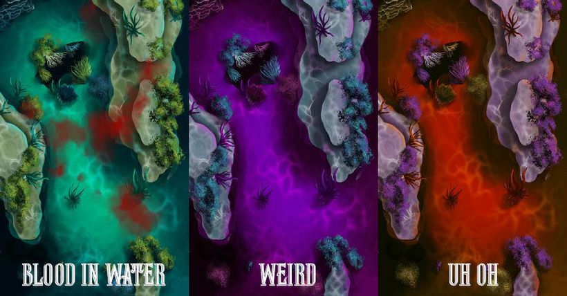Underwater Cave Battle Map and its variations by Domille's Wondrous Works. It features an underwater cave dappled with sunlight from somewhere above. 