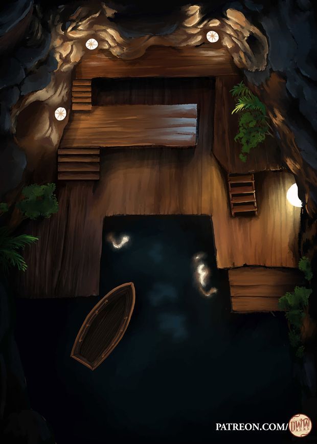Pirate Hollow Battle Map by Domille's Wondrous Works. It features a dock hidden in an alcove. A small rowboat sits in the water next to it. 