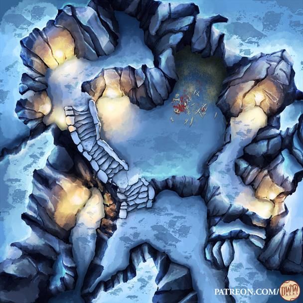 Yeti Lair Battle Map by Domille's Wondrous Works. It features an icy cave with bones and blood at its center.