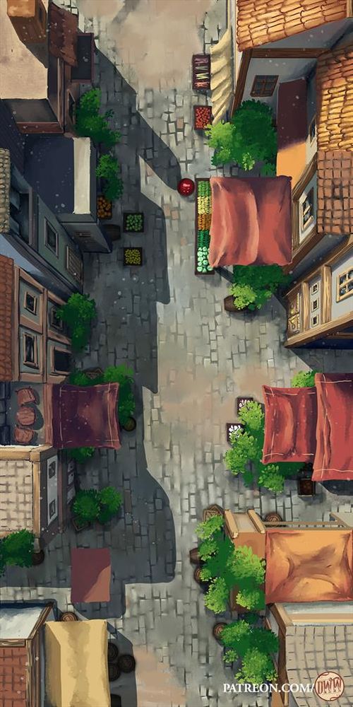 Fantasy City Market Map by Domille's Wondrous Works. It features an overhead view of a city street with buildings and vendors on either side.