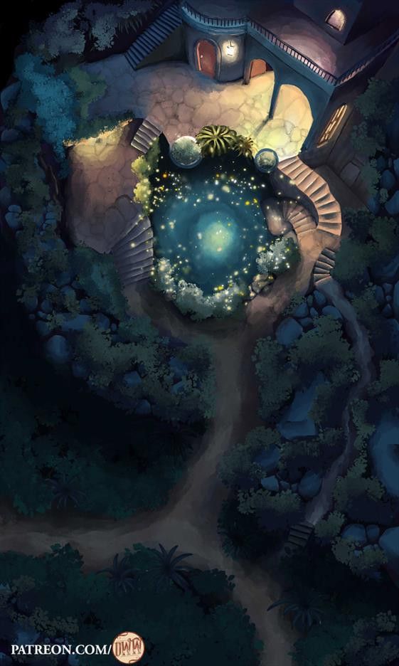 Healing Pool Battle Map by Domille's Wondrous Works. It features a beautiful courtyard at night. Stone paths wind around a small pond covered in soft glowing lights. 