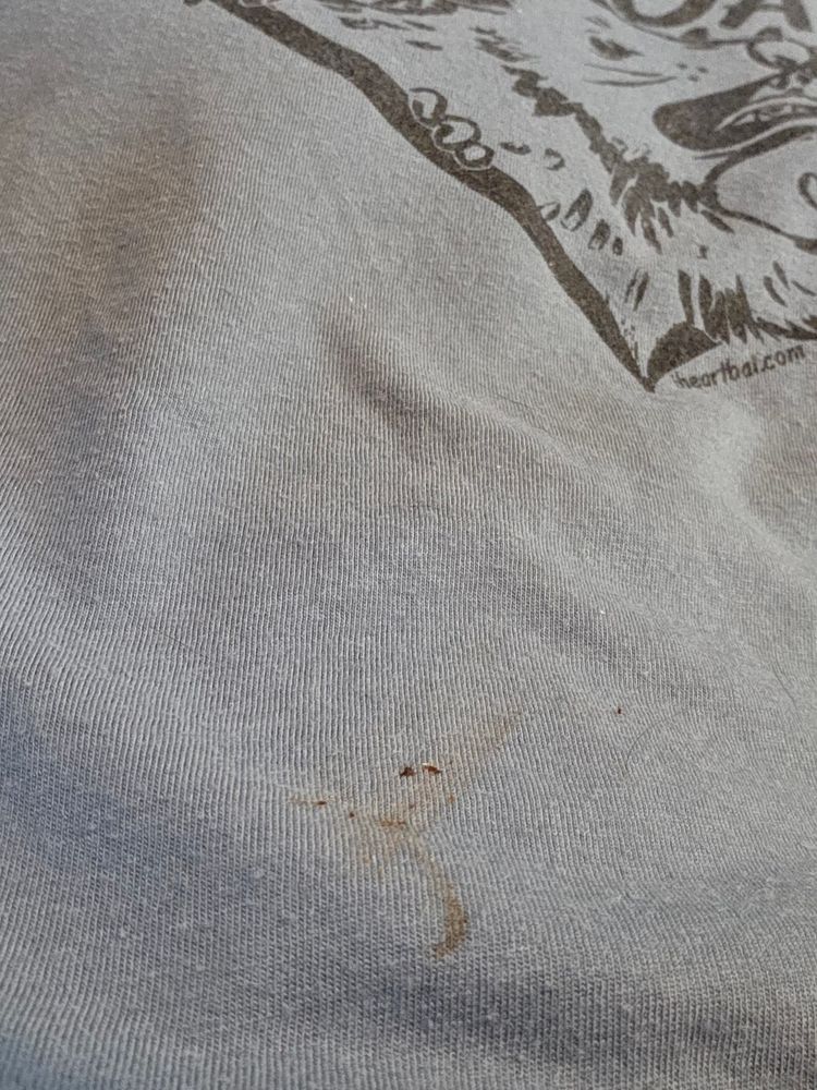 front of blue-grey t-shirt with some brown smudges towards the bottom, likely cat poop smear.