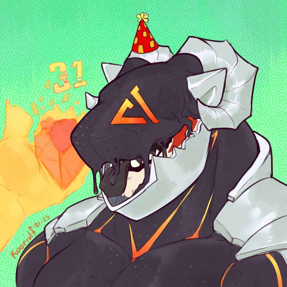 The delta suit drips across koor's head, nearly encompass them as some of the suit lands on koor's stuck out tongue. A birthday hat sits upon koor's now metallic horns as a holographic hand give them a 31st birthday cake
