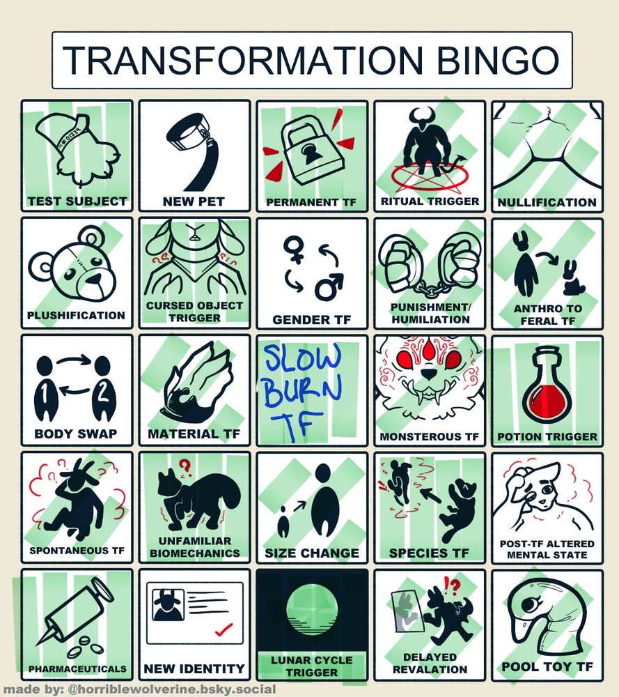 Transformation bingo card. From top right with a ranking of 0-4. Test subject 4. New pet 0. Permanent tf 4. Ritual trigger 2. Nullification 3. Plushification 1. Crused object trigger 4. Gender tf 0. Punishment/humiliation 3. Anthro to feral tf 3. Body swap 0. Material tf 3. Free space turned into slow burn tf 4. Monstrous tf 1. Potion trigger 4. Spontaneous tf 2. Unfamiliar biomechanic 4. Size change 3. Species tf 4. Post tf altered mental state 0. Pharmaceuticals 4. New identity 0. Lunar cycle trigger 4. Delayed revelation 3. Pool toy tf 3.