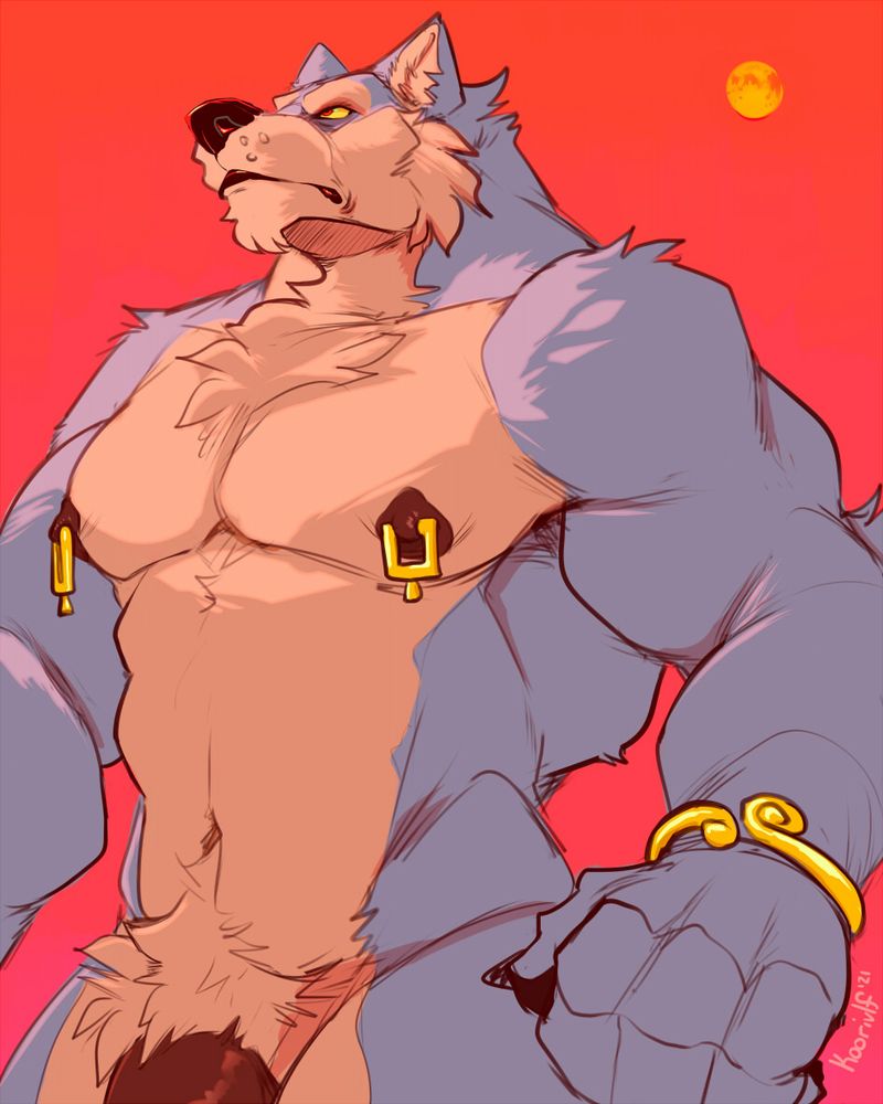 Suggestive Digital drawing of an anthro werewolf who towers over you during the blood moon's red soaked sky. You look up to them to see a muscular form, golden square nipple piercings, a gold ban on their thick writst, and a glimpse of their thick cock's base. A dick that is flaccid... for now...