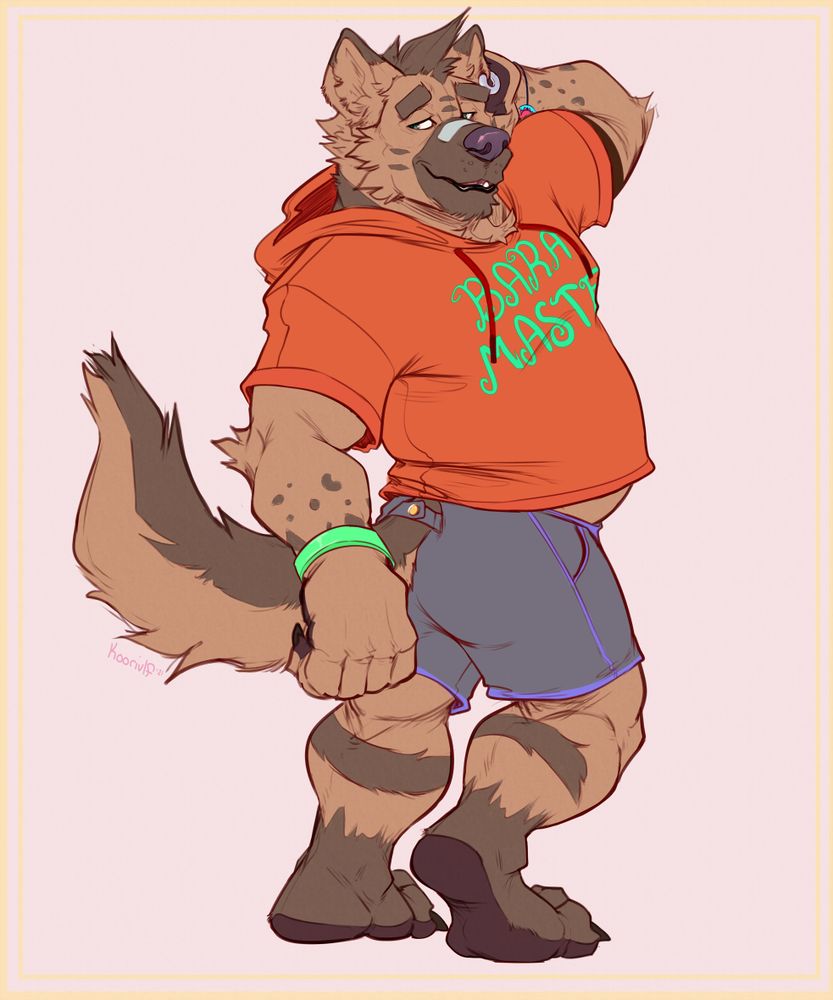 Digital Drawing of Djacko the anthro Hyena, turning around to look behind them. Hand behind head anime look is happening. They're wearing a orange shirthoodie that says "bara master" wrist bands, and some neat shorts