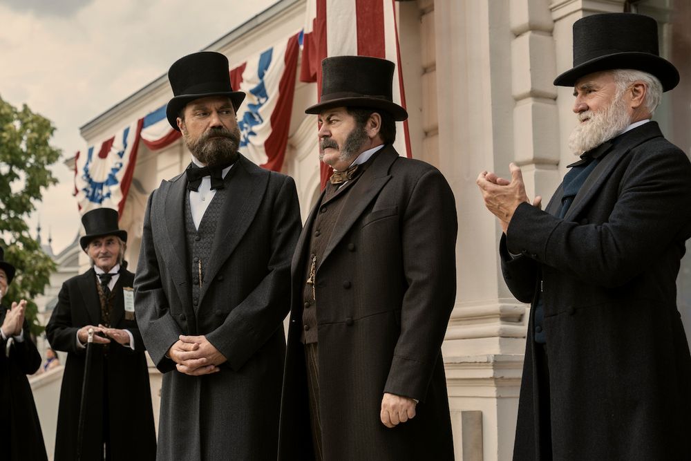 Scene from "Death by Lightning" showing James Garfield, Chester Arthur, and James Blaine.