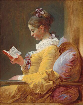 Jean-Honoré Fragonard, "A Young Girl Reading," c. 1770. A young woman in a bright yellow dress with white frilled collar and her hair up in a tidy bun sits in a poofy chair, one arm draped over the armrest, the other holding a small book on which she focuses her rapt attention.
🖼️ National Gallery of Art, Washington DC