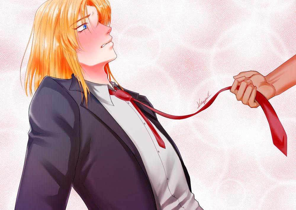 My oc Archer looking embarrassed and getting his tie grabbed by a hand (his bf) lol