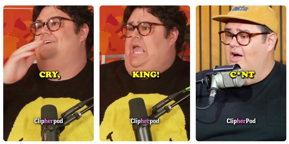 three youtube short thumbnails next to each other of caleb hearon. each one has a one word subtitle on it, which in order is 'cry, king! cunt'