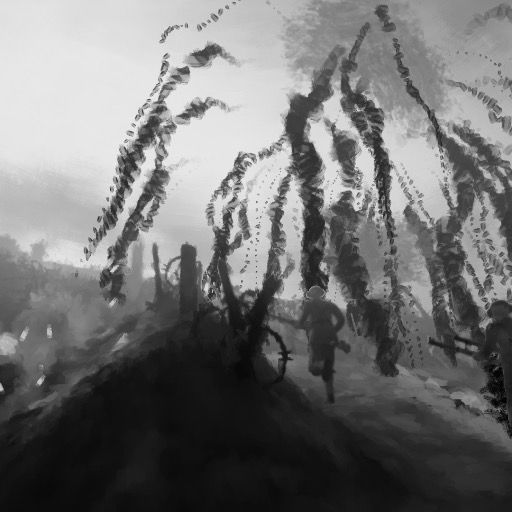 British Soldiers run through no man’s land as dirt rains down on them and mortar explodes above them 