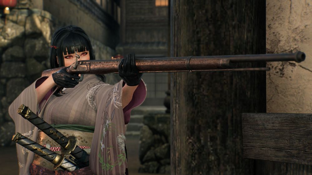 The blade twin engages an enemy with a rifle in a Yokohama alleyway. 