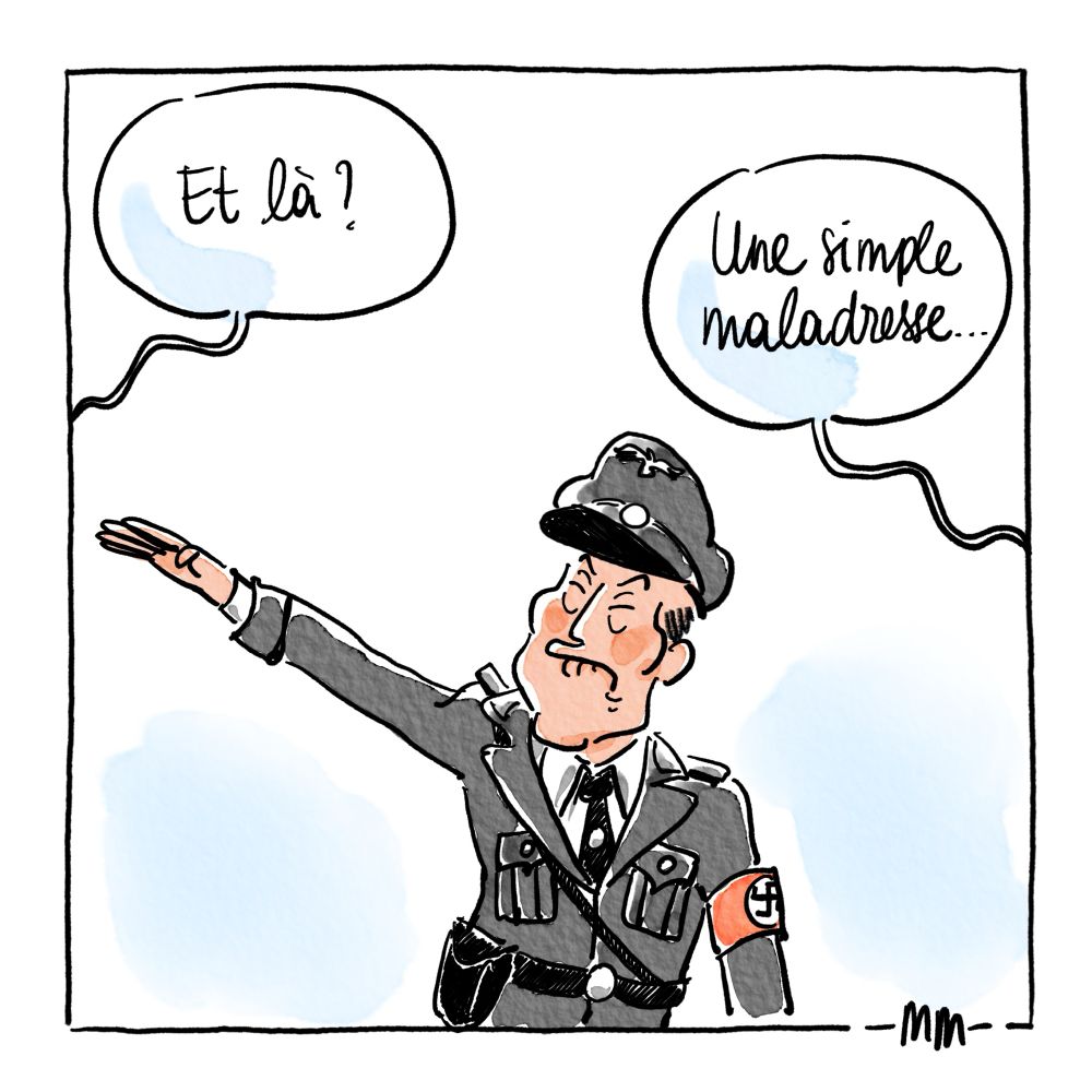 Dans cette deuxième case, Elon Musk est habillé en SS nazi, et fait un salut nazi.
Au dessus de lui deux bulles de texte viennent de personnes hors champ.
La première demande « Et là ? »
La deuxième répond « Une simple maladresse… »
