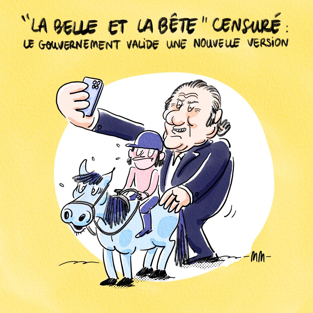 En titre : « La Belle et la bête » censuré : le gouvernement valide une nouvelle version.

Le dessin reprend les codes de la couverture de la BD de Jul, censurée par le gouvernement, mais au lieu des deux personnages principaux on trouve une petite fille sur un poney et derrière, se prenant en selfie avec eux, Gérard Depardieu. Cette représentation fait écho à son procès qui vient d’avoir lieu, ainsi qu’aux propos choquants qu’il avait tenus envers une petite fille à cheval.