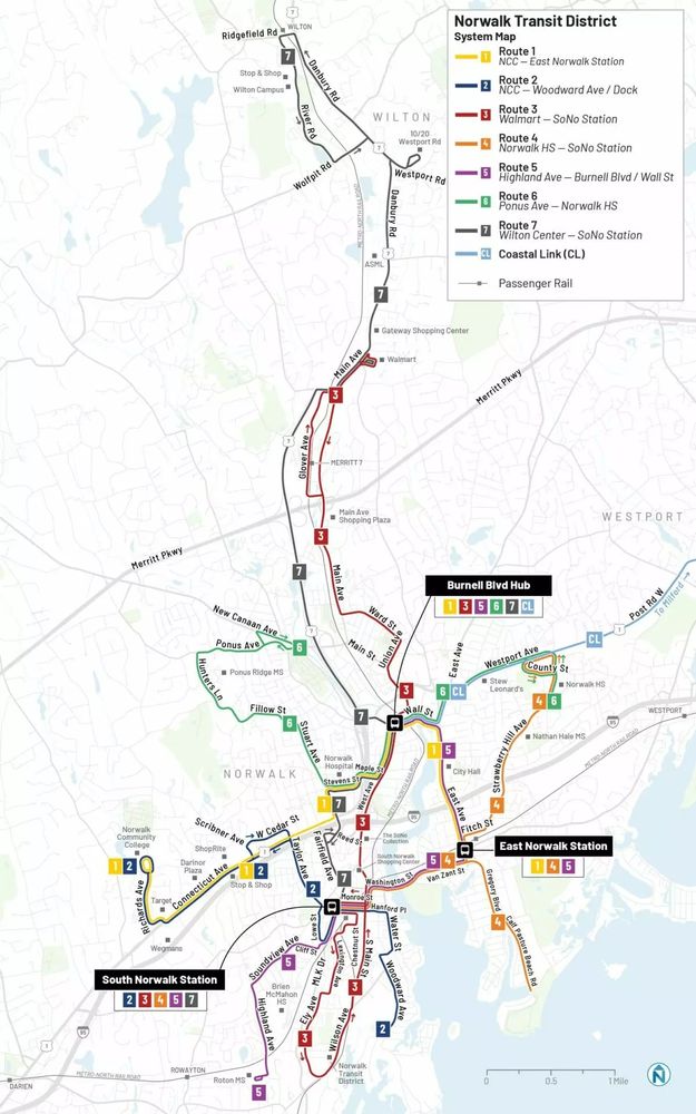 New route map for Norwalk Transit District moving from a single hub to a multi-hub network