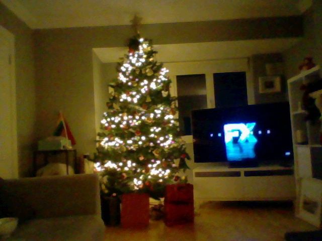 Crann Nollag, cuma álainn air, agus teilifís ar siúl in aice leis.