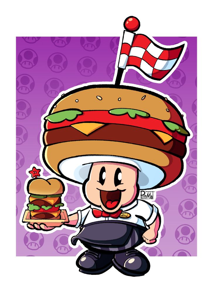 Uma ilustração do Toad (da franquia Super Mario) em sua skin Burger Bud do Mario Kart World, segurando um prato com um hambúrguer dentro, em frente a um fundo branco com um retângulo roxo preenchido com emblemas dele.