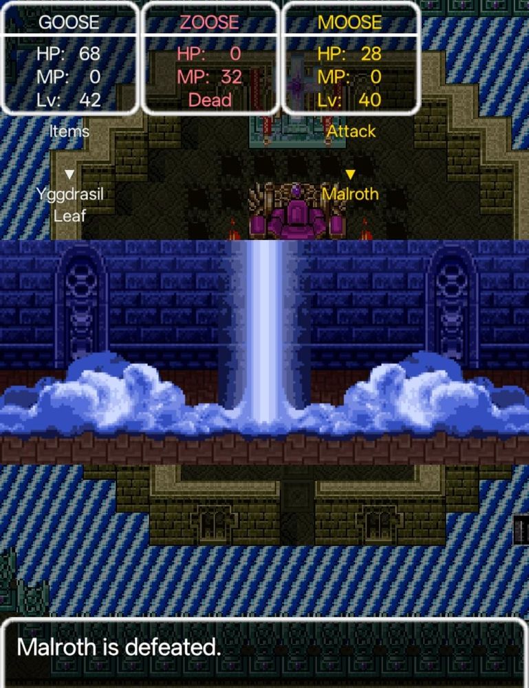 Screenshot from the mobile version of Dragon Quest 2. It says Malroth is defeated. My party is Goose, Zoose, and Moose.