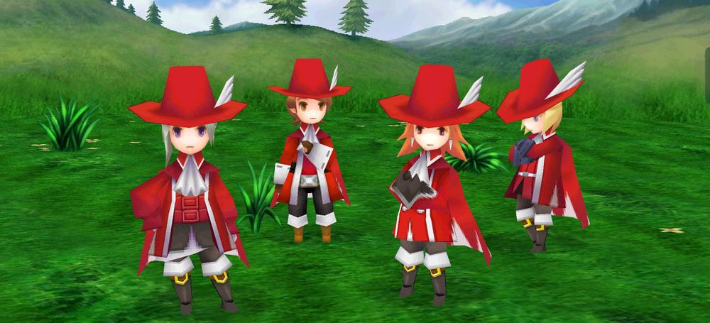 Screenshot from Final Fantasy 3 3D remake showing all the characters in big red hats and red clothes and capes.