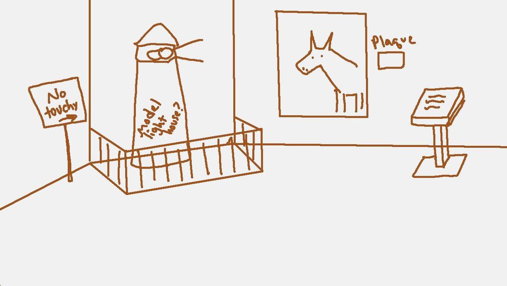 A drawing of a museum corner showing a model lighthouse, a portrait, and some plaques.