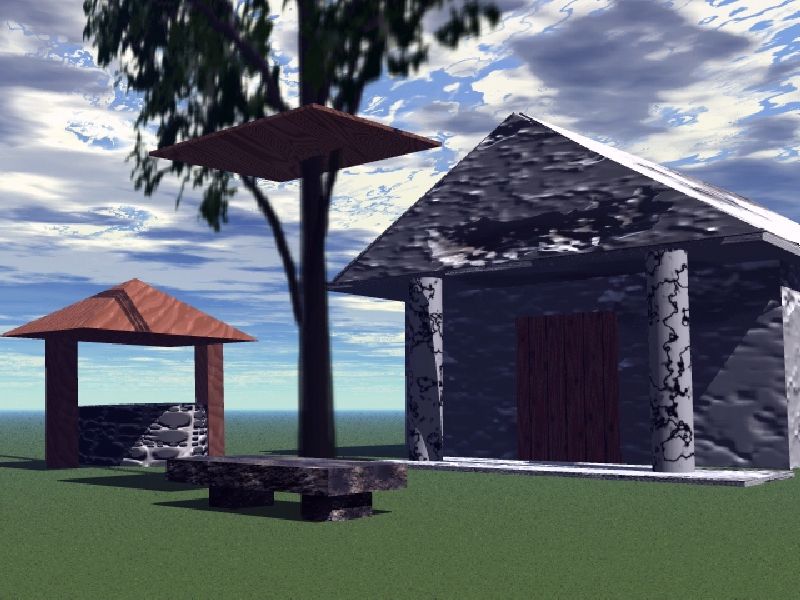 A 3d render of a couple of small buildings and a tree