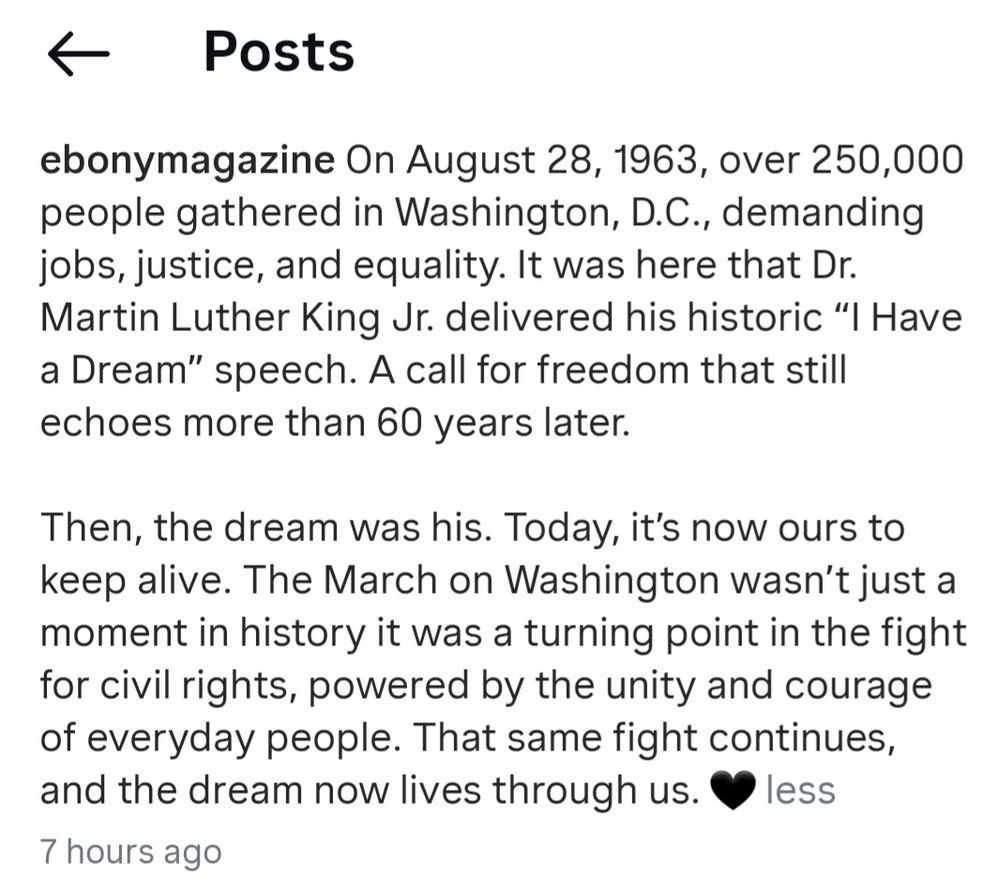 Partial IG post from EbonyMagazine commemorating Dr Martin Luther Kings 
