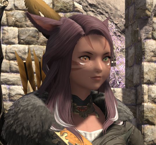 A screenshot of my FFXIV Warrior of Light. 
Female Miqo'te with long, auburn hair, sepia skin, a right eye colour of amber, left eye of jade.

She bears darker marking around the borders of her face, and white paint on her cheekbones.

She wears a black robe with black fur around her shoulders. On her back, one can see the fletching of arrows in a quiver.