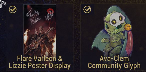 Warframe screenshot depicting a vendor selling a signed poster by Flare and Lizzie, as well as an icon of a little sprout guy from Soulframe, Avakott, wearing a cloak and mask.