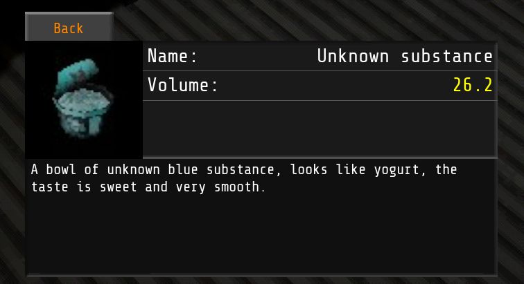 screenshot of the "Unknown Substance" item info screen in VOTV.
It is a blue pudding cup looking item.

"A bowl of unknown blue substance. Looks like yogurt. the taste is sweet and very smooth"

If you go to bed hungry, and the Arirals have a very high opinion of you, they will spoon-feed you this in your sleep.