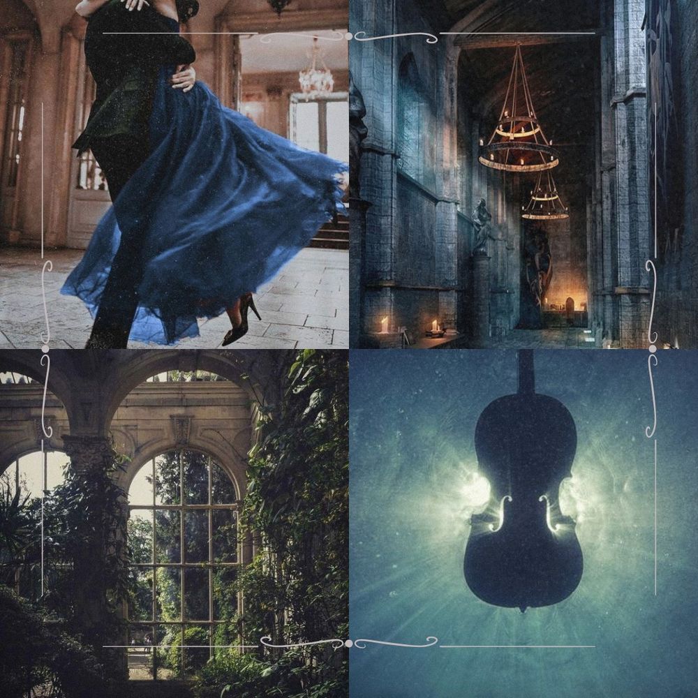 Moodboard with 4 images: two people dancing; a dark hallway; a window in a shattered greenhouse; a violin in water