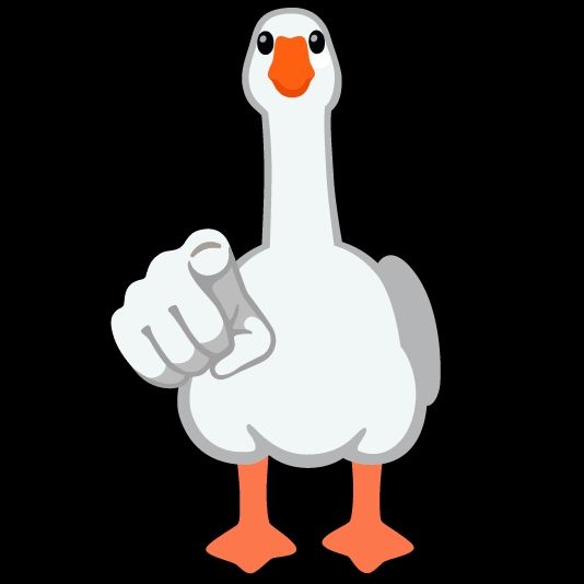 Hybrid emojis of a goose facing forward and pointing directly at you with a human hand