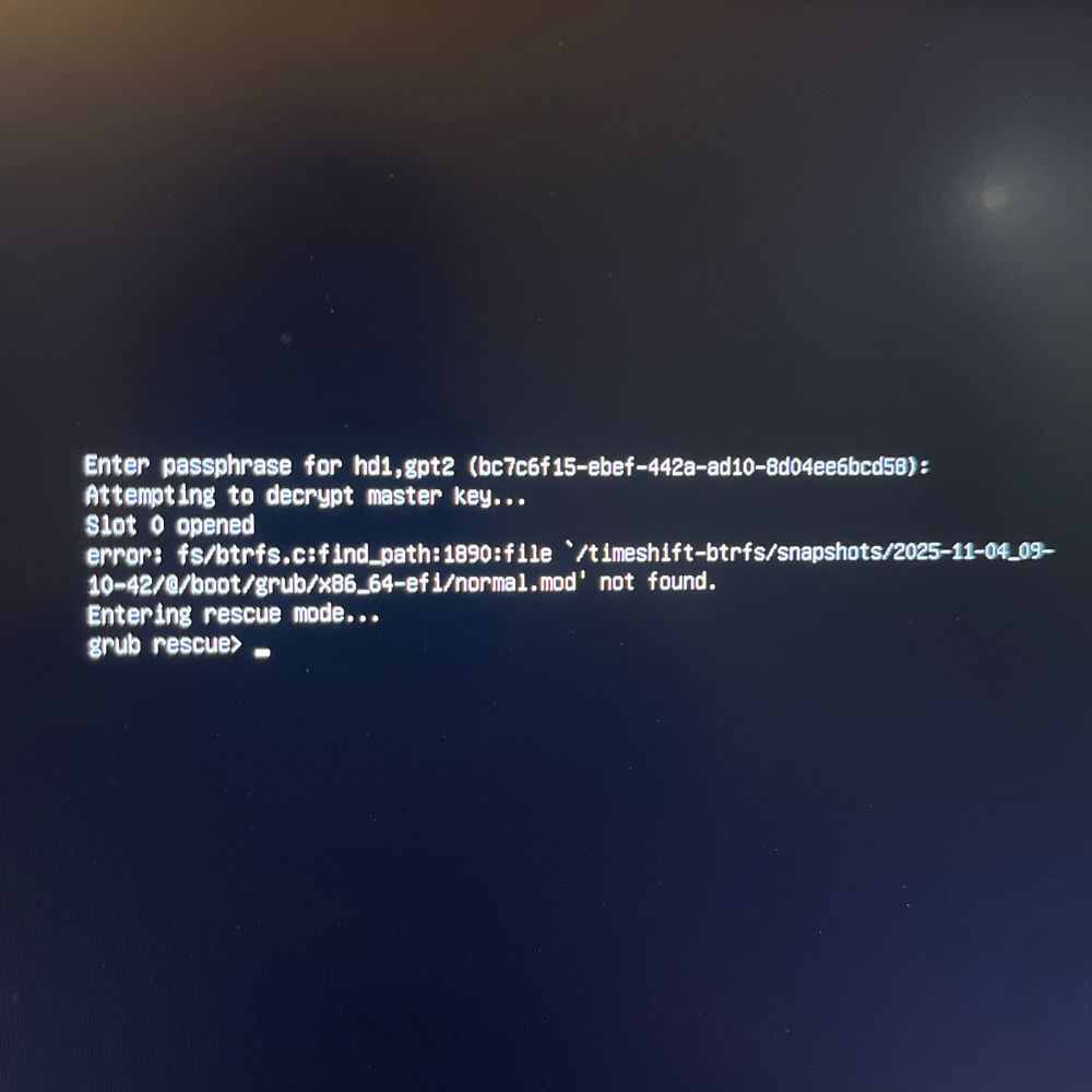 Command line interface showing a computer entering grub rescue mode after decrypting the master key in an encrypted drive