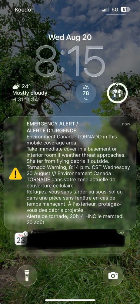 Mobile notification of a tornado in my “coverage area”
