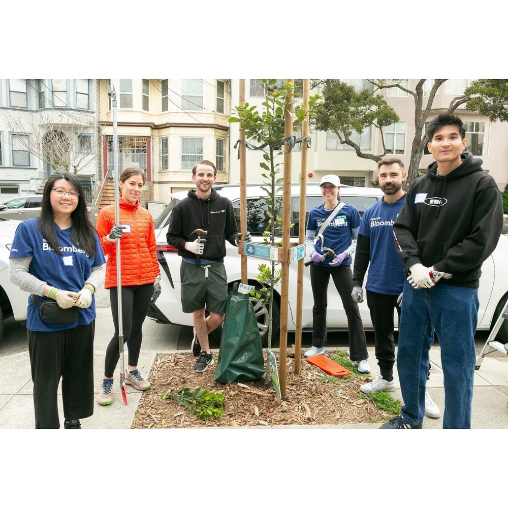 Six smiling people stand by a newly planted tree.