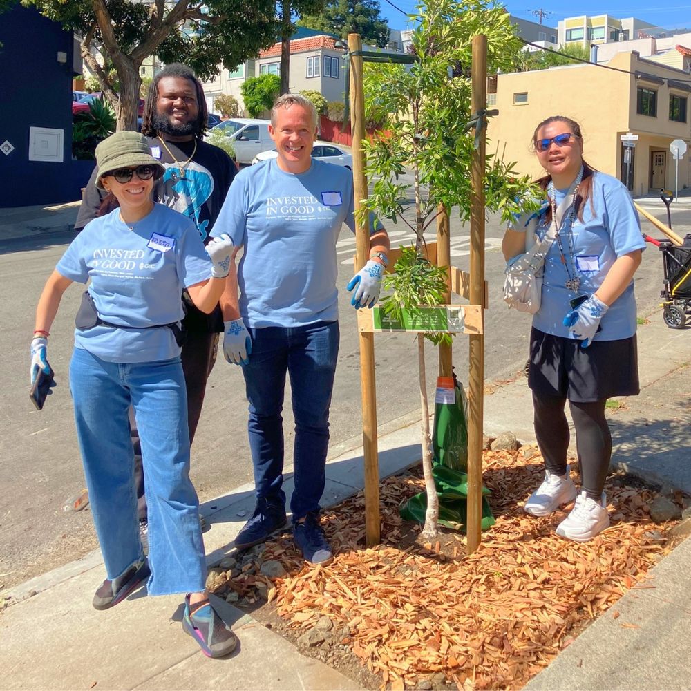 Four smiling people stand by a newly planted street tree.