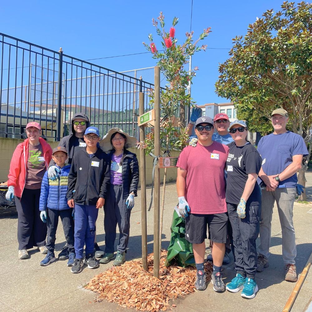 Nine smiling people stand on either side of a newly planted tree.
