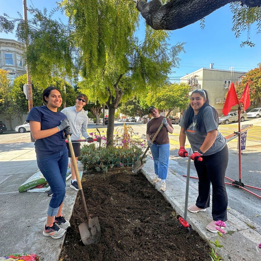 Four people with shovels and pickaxes prepare the soil for a sidewalk garden.