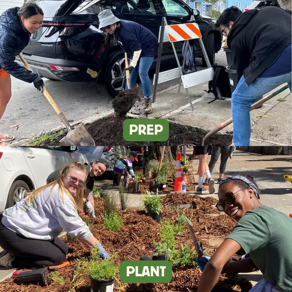 Two photographs in one frame. Top photo of three people preparing soil for a sidewalk garden. Text says “Prep.” Bottom photo of 4 people planting a sidewalk garden. Text says “Plant.”