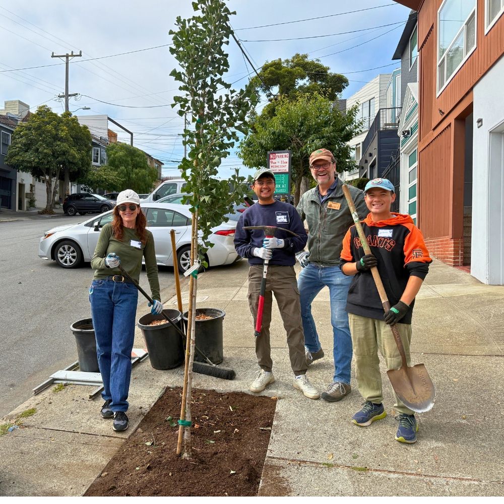 Four smiling people stand by a newly planted street tree.
