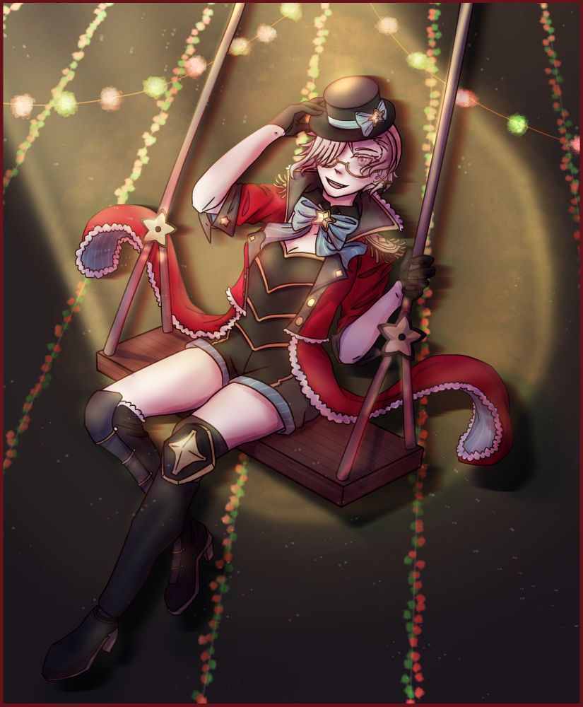 A digital artwork of a friend's OC! She's dramatically posed on a circus trapeze swing as a spotlight shines down from above.