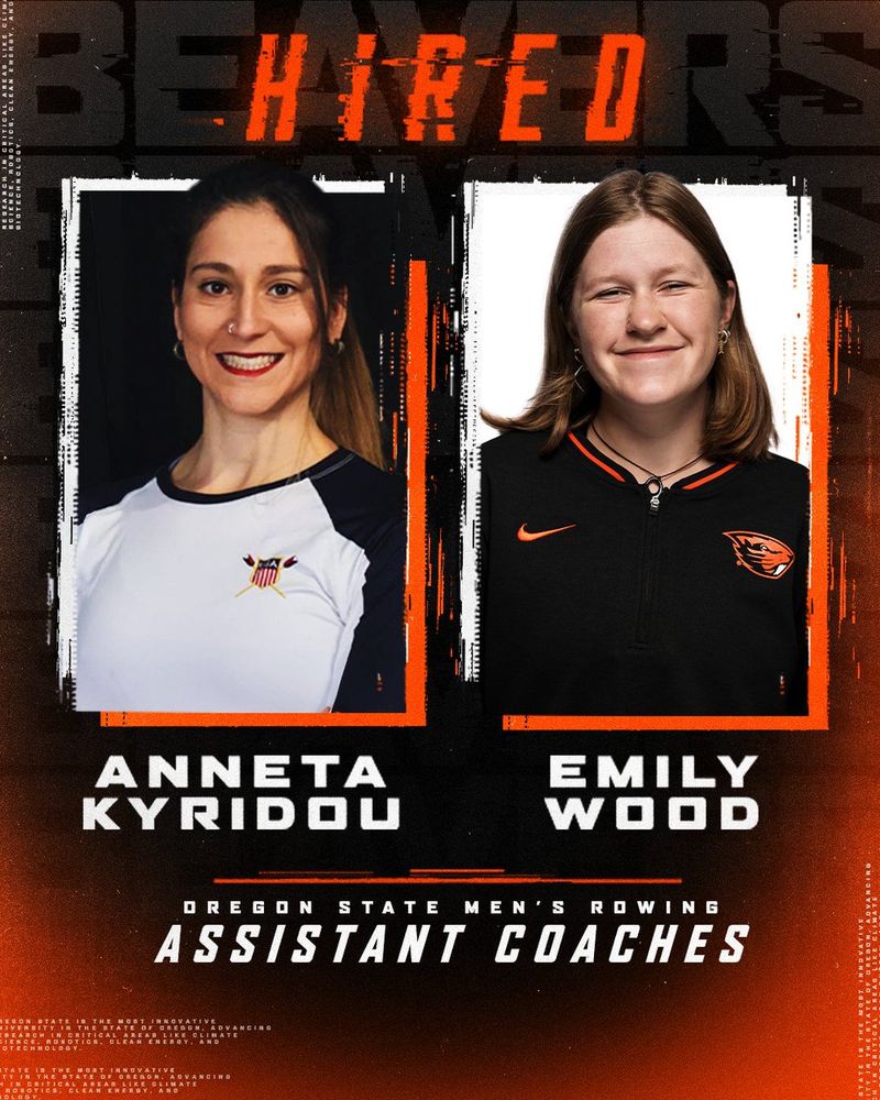 The image is an announcement for the hiring of two assistant coaches for Oregon State Men's Rowing. It features two separate headshot photos against a grunge-style background. On the left, there is a woman with long brown hair in a low ponytail, wearing a white top with a black collar and a small emblem on the chest. Her name, "Anneta Kyridou," is displayed in bold white text below her photo. On the right is another woman with shoulder-length light brown hair, smiling while wearing a black top with an orange beaver logo and a Nike swoosh. Her name, "Emily Wood," is also in bold white text underneath her photo. The word "HIRED" is prominently displayed above the headshots in capitalized, bold orange text, and "Oregon State Men's Rowing Assistant Coaches" is written below the names in white capital letters. The background has a mix of black and orange tones, adding a dynamic and sporty look to the announcement.