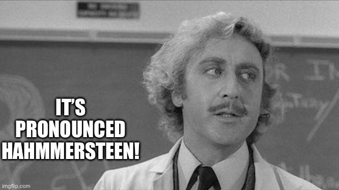 Gene Wilder as Dr Frankenstein from Young Frankenstein standing in a lecture hall looking annoyed as he says “It’s pronounced HAHMMERSTEEN!”