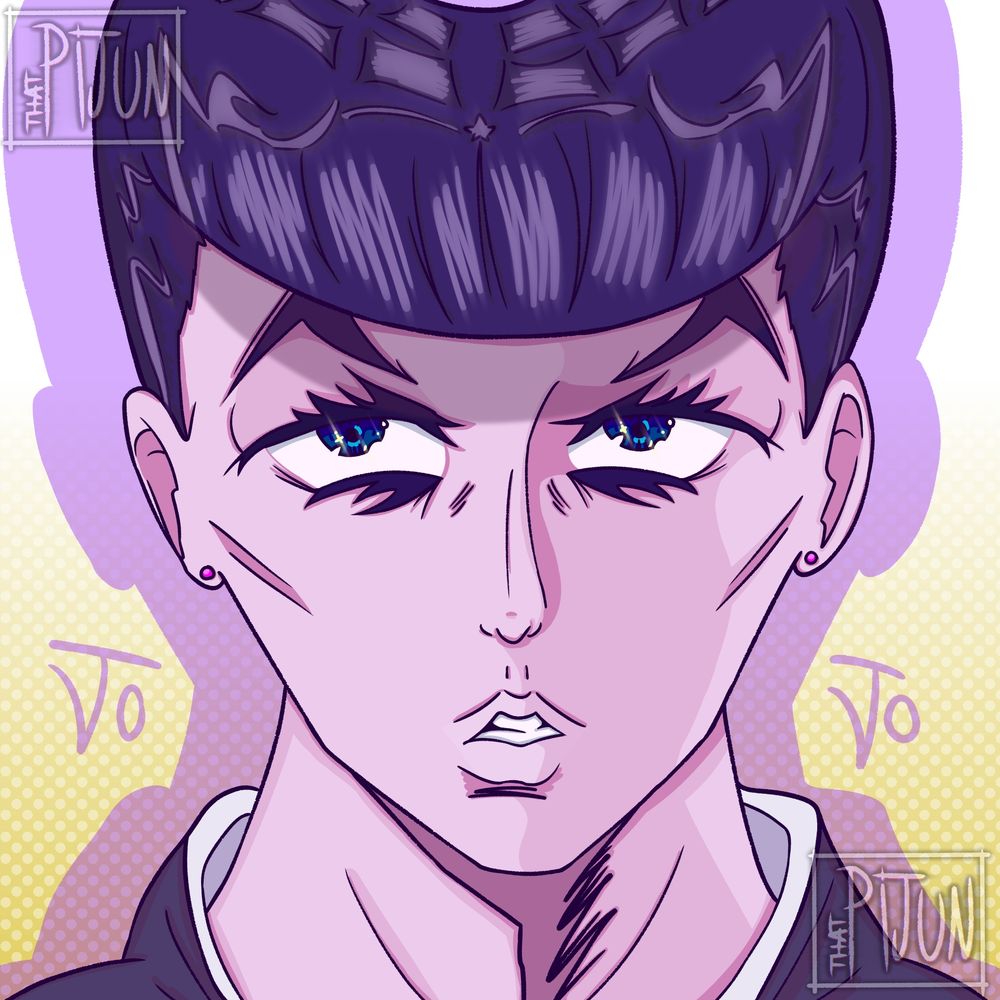 Josuke Higashikata from the 4th part, Diamond Is Unbreakable, of the anime and manga franchise, JoJo's Bizarre Adventure. He is a young man with lighter skin, a purple-ish Japanese school uniform, sparkling blue eyes (with glowing yellow highlights), pink ear piercings, and a has an iconic purple/blue pompadour/rizento haircut, all with pink-ish/purple-ish lighting/shading, on a yellow/white gradient background covered in white spots, it says "JO" to the left and right of him in his purple shadow.