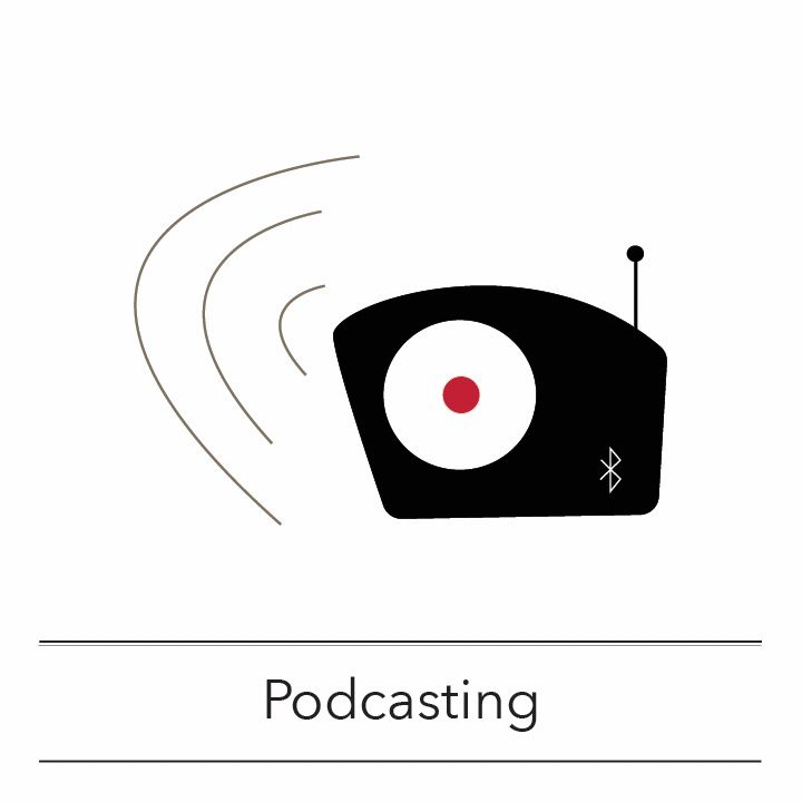 OHC workshop icon: Sound waves emanate from a small retro style radio. Text under the image reads: Podcasting.