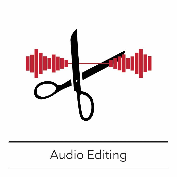OHC workshop icon for Audio Editing: A pair of black scissors positioned to cut through a red waveform, text under image reads: “Audio Editing.”