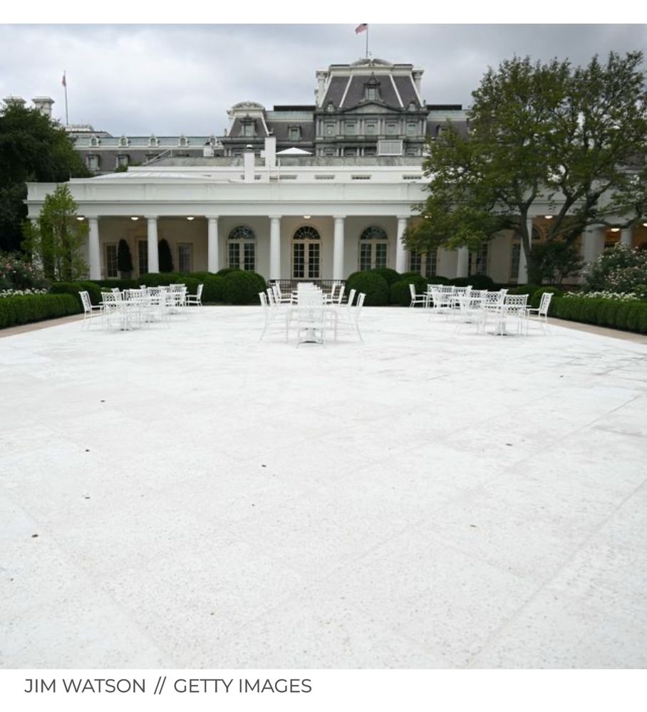 A nightmare.
White cement with tacky white chairs and tables. 