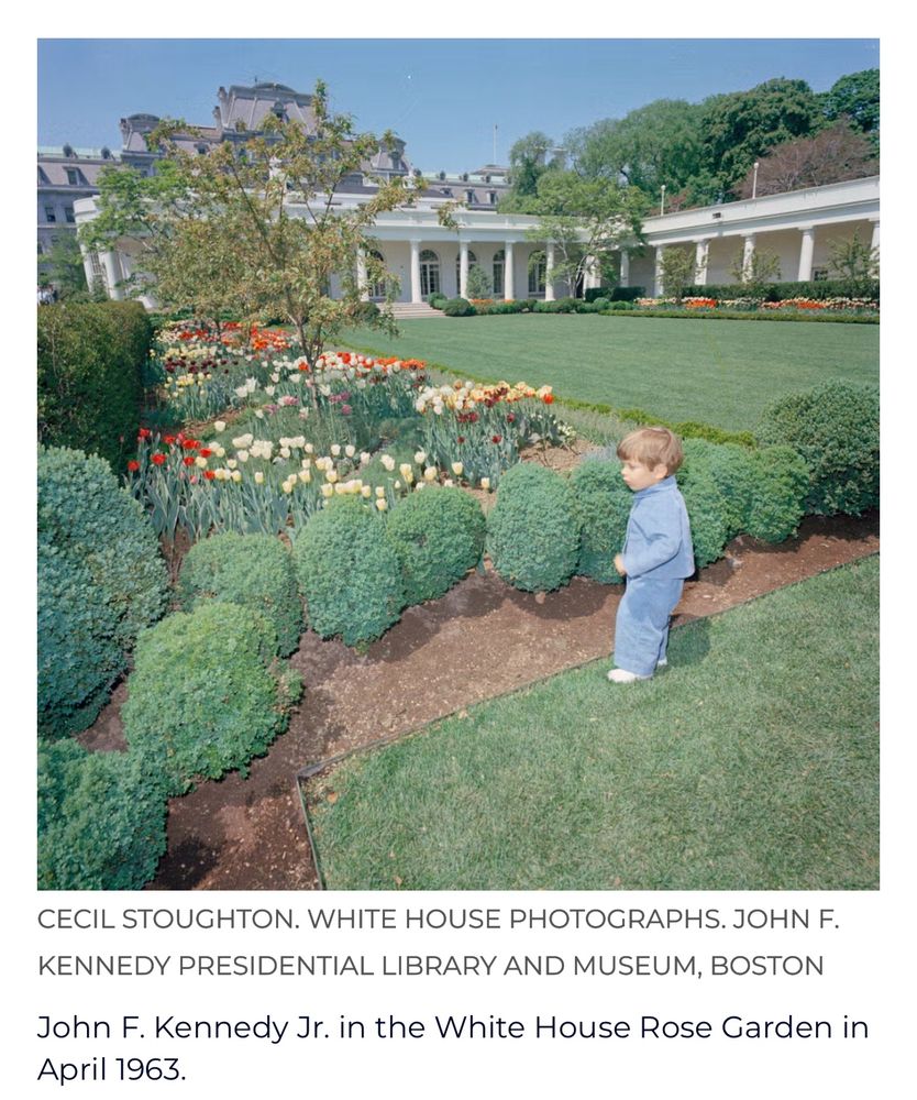 Rose Garden pic from 1963. 
Caption below pic reads: 

CECIL STOUGHTON. WHITE HOUSE PHOTOGRAPHS. JOHN F.
KENNEDY PRESIDENTIAL LIBRARY AND MUSEUM, BOSTON
John F. Kennedy Jr. in the White House Rose Garden in
April 1963.